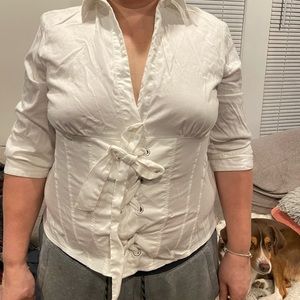 Next Woman white cotton laced up corset shirt with 3/4 sleeves